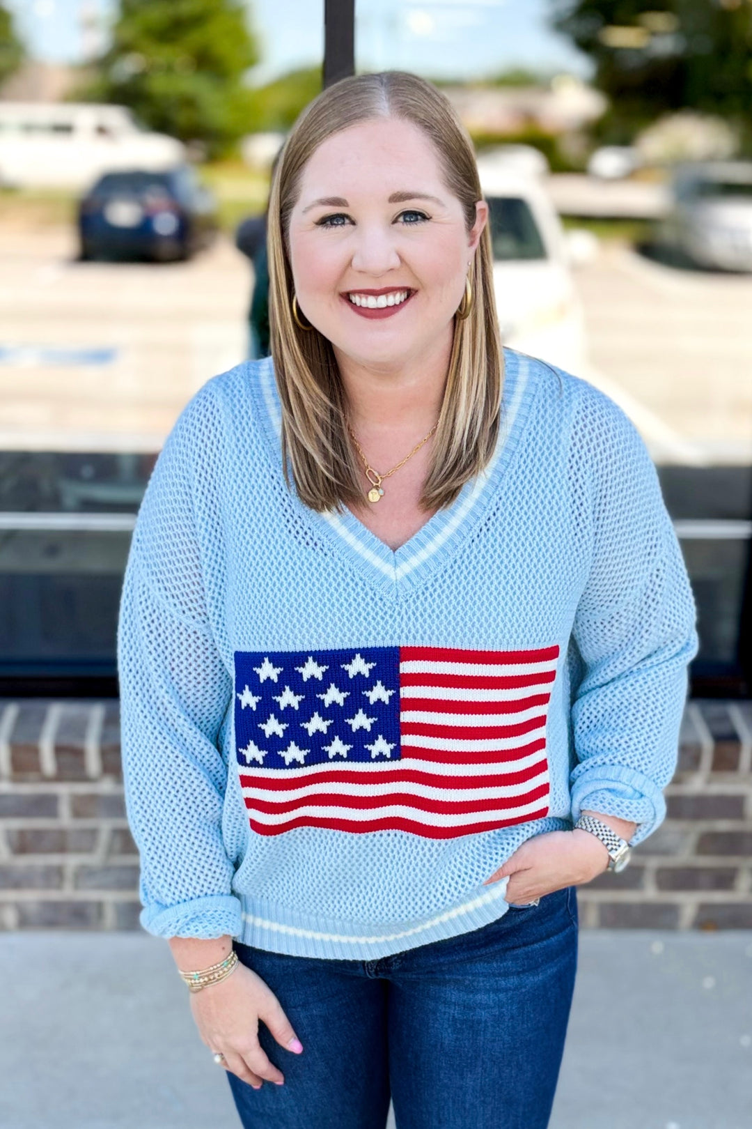BABY BLUE AMERICAN FLAG LOOSE SWEATER
