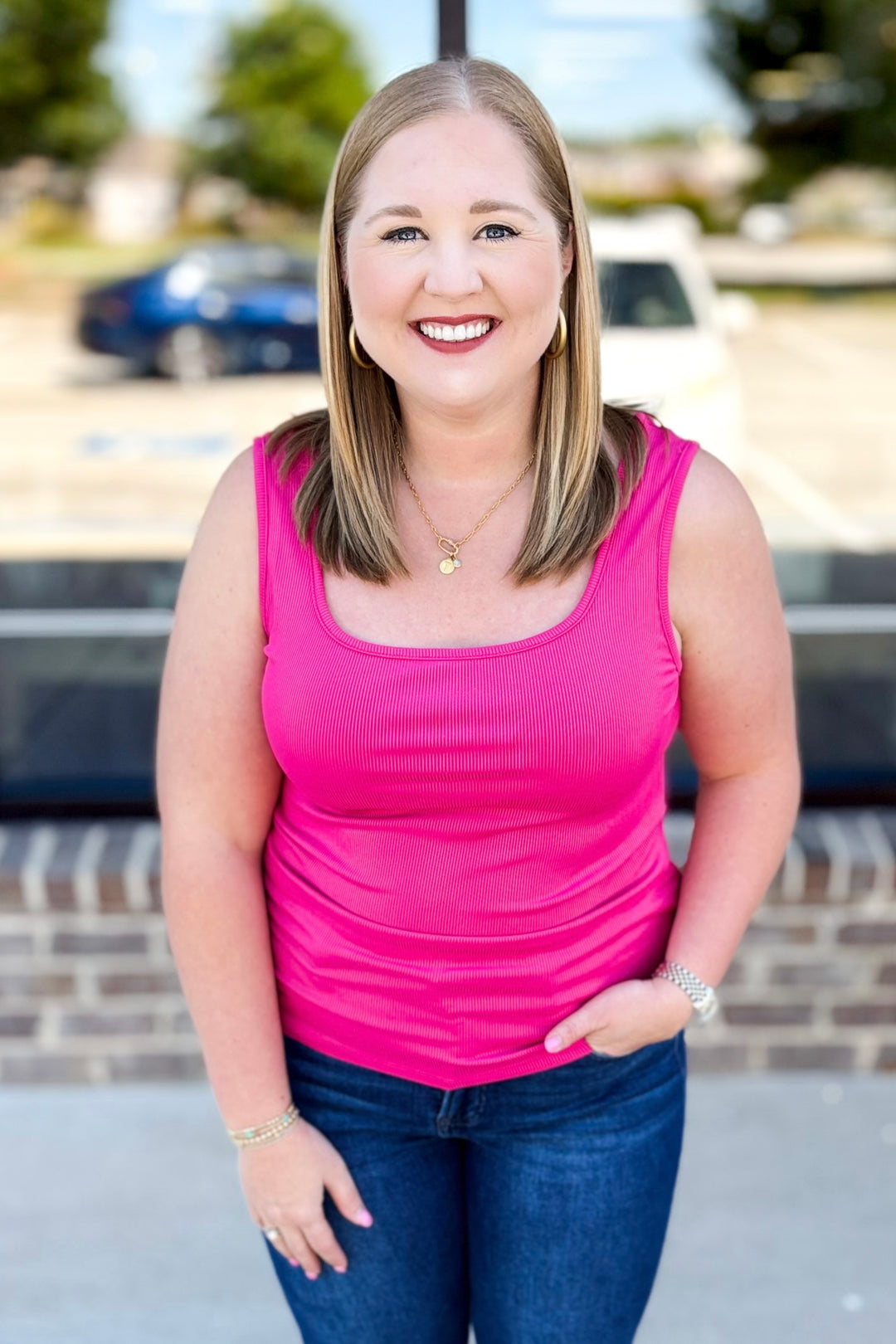 PINK SQUARE NECK RIBBED KNIT TANK TOP