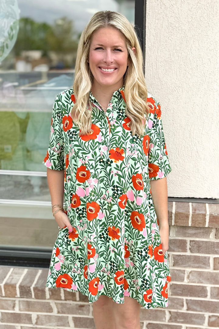 GREEN & CORAL FLORAL SHIFT DRESS