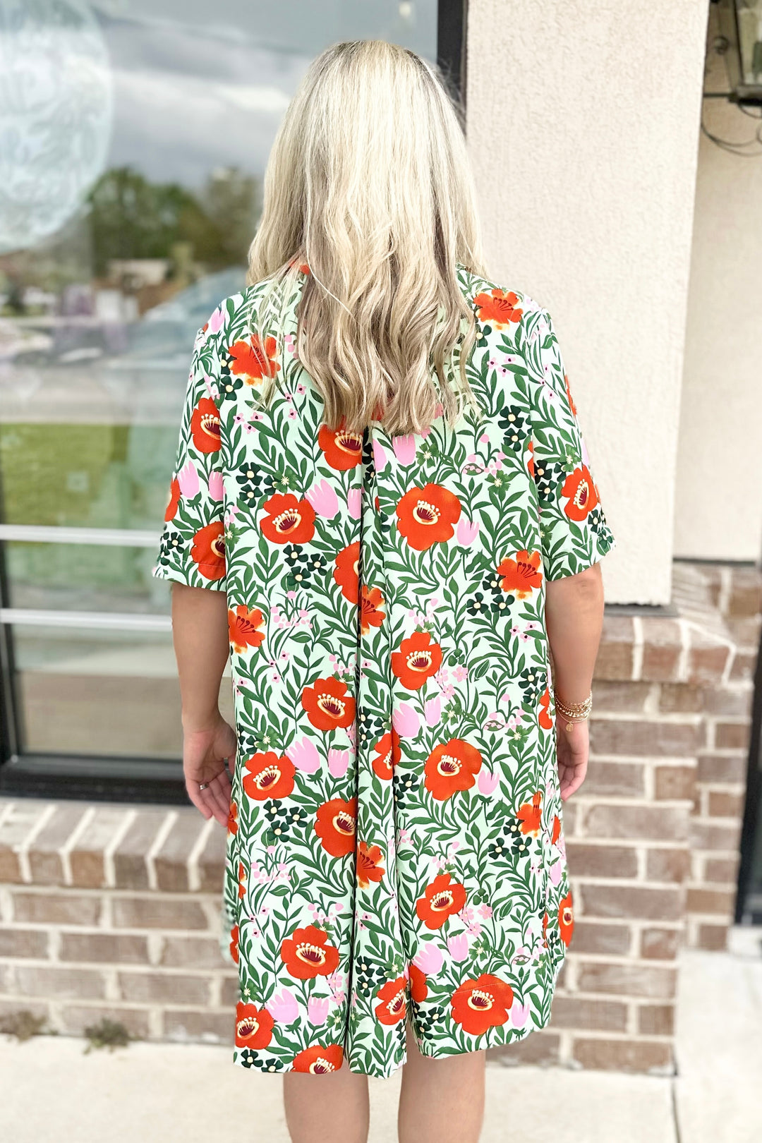 GREEN & CORAL FLORAL SHIFT DRESS