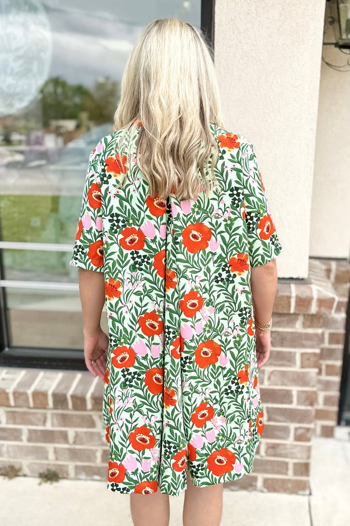 GREEN & CORAL FLORAL SHIFT DRESS