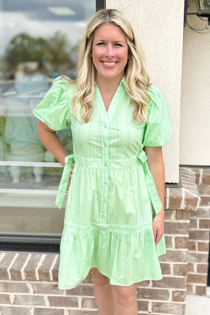 GREEN & LAVENDER STRIPE COLLAR VNECK DRESS