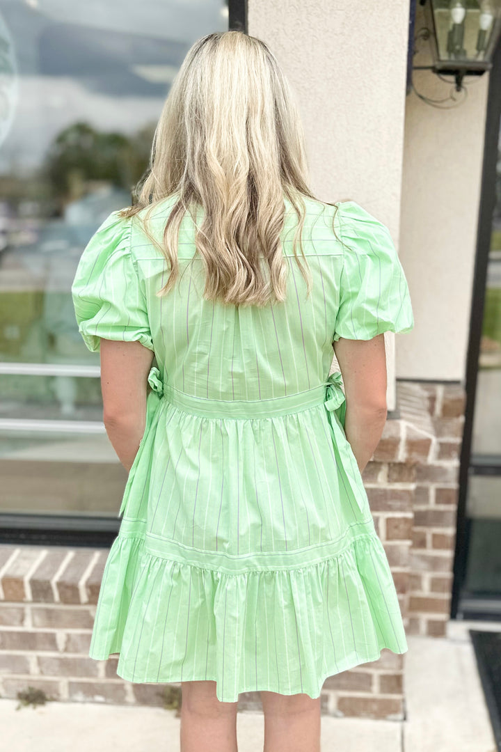 GREEN & LAVENDER STRIPE COLLAR VNECK DRESS