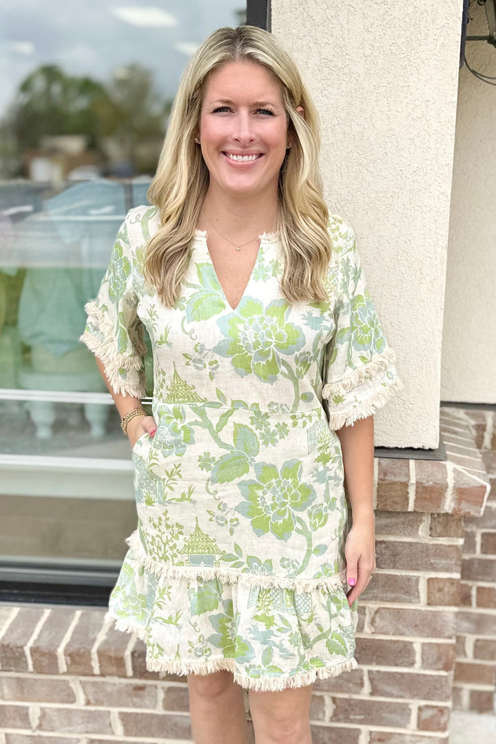 SPARTINA: IVY LINEN DRESS | ENCLAVE TOILE SURF GREEN
