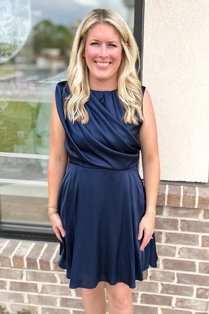 NAVY DRAPED SATIN MINI DRESS