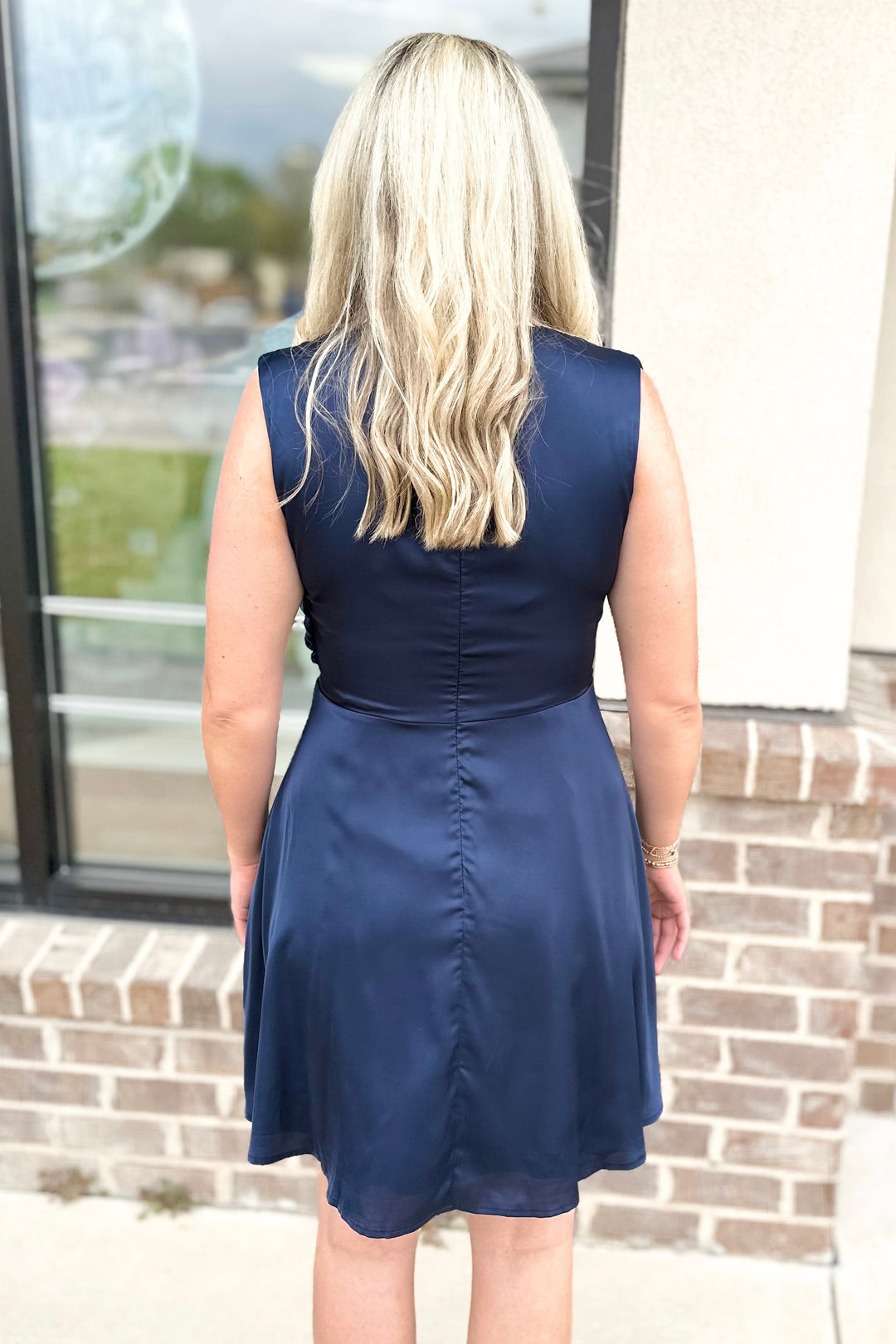 NAVY DRAPED SATIN MINI DRESS
