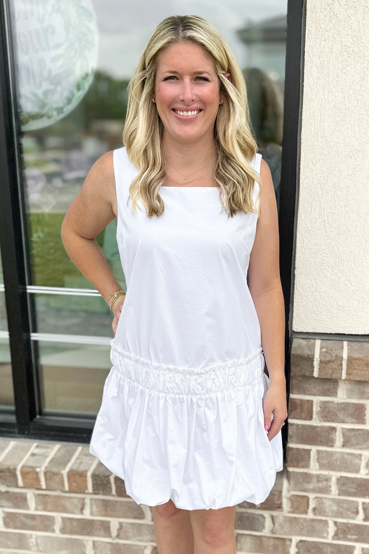 WHITE SLEEVELESS SQUARE NECK DROP WAIST DRESS