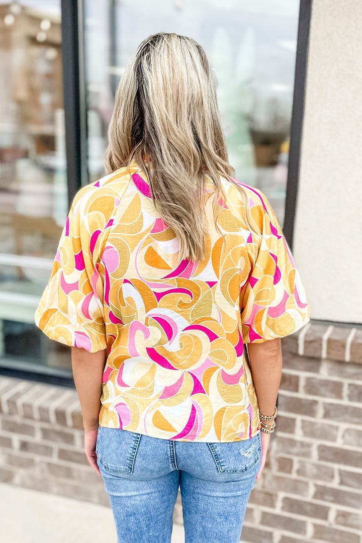 PINK & YELLOW PRINTED PUFF SLEEVE TOP