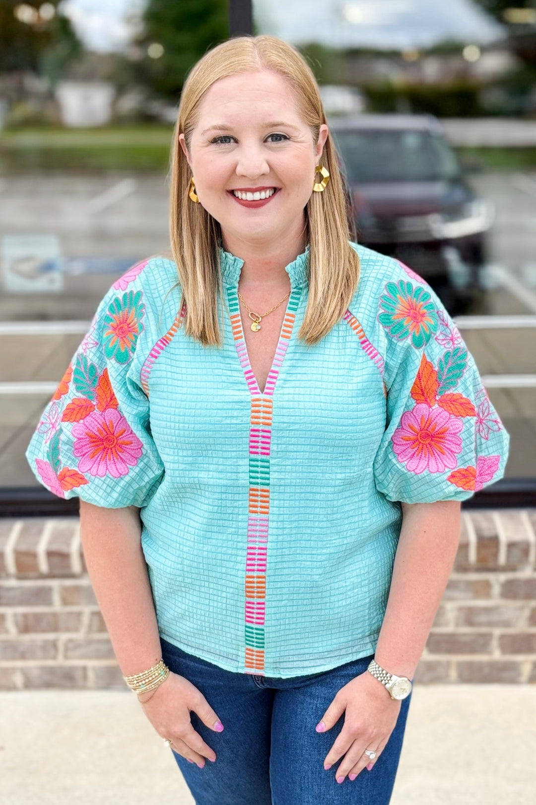 AQUA TEXTURED FLORAL EMBROIDERED TOP