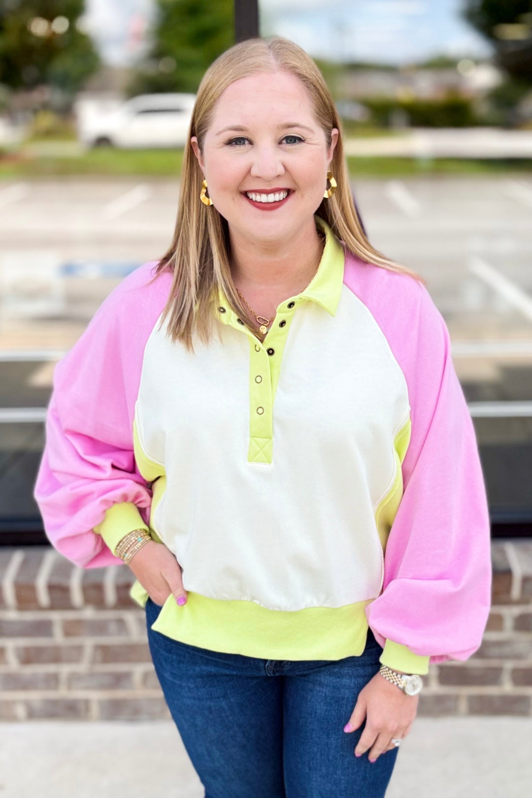 PINK & LIME COLOR BLOCK SWEATSHIRT