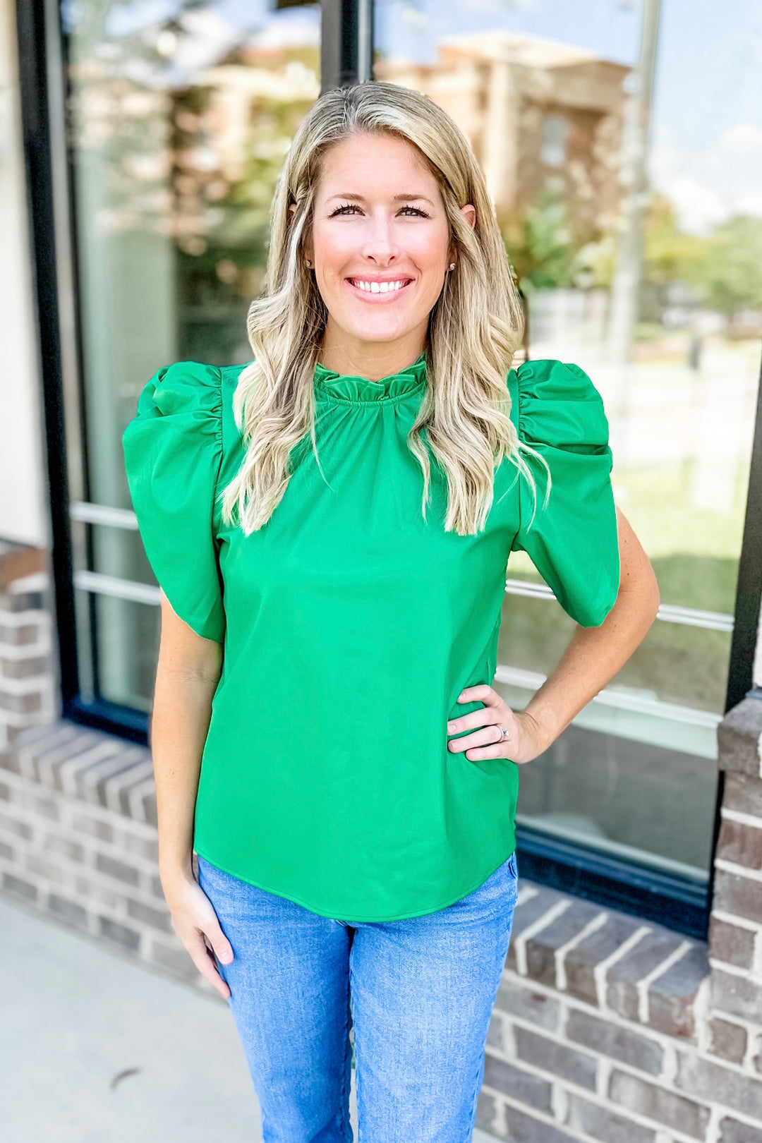 GREEN FAUX LEATHER PUFF SLEEVE TOP