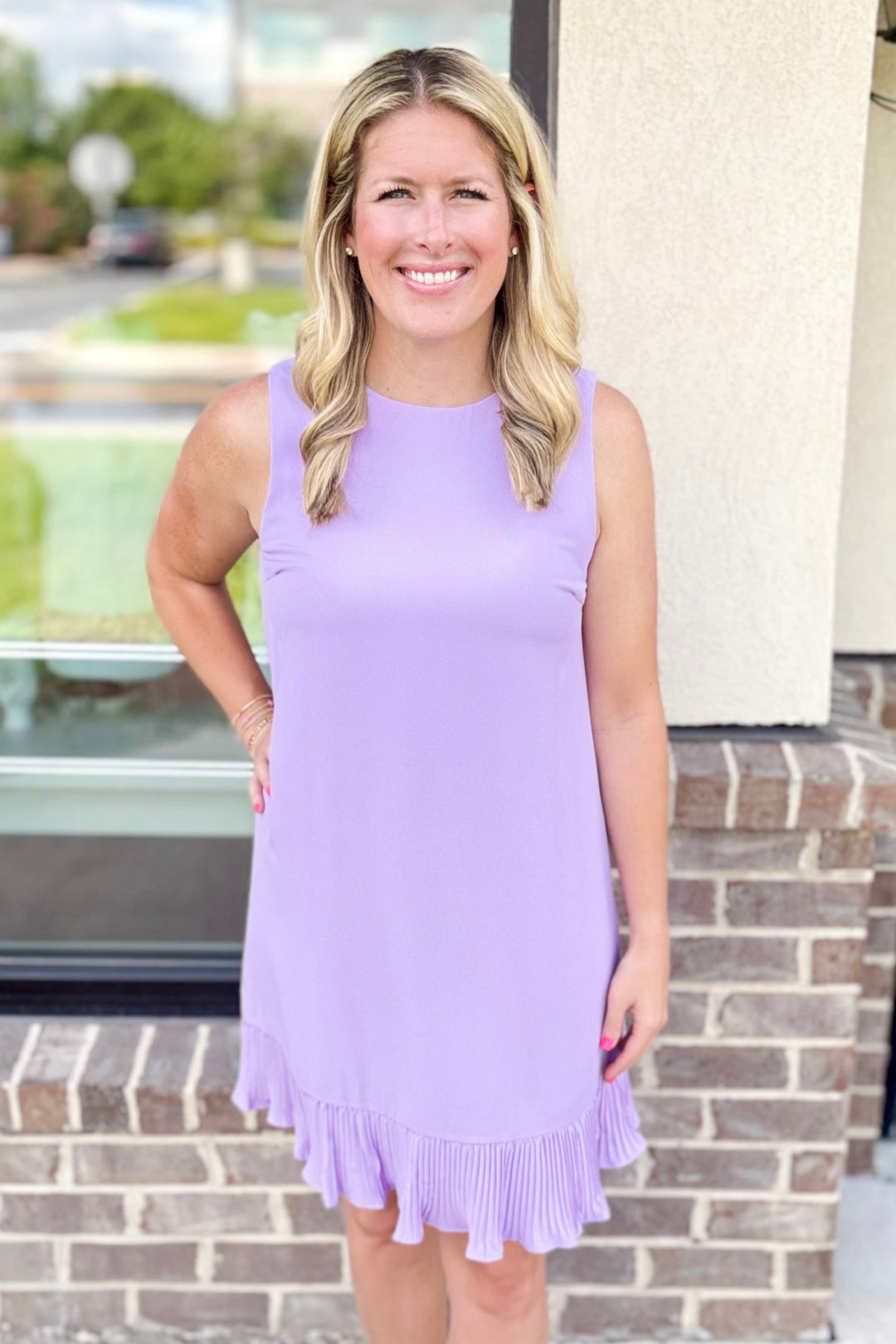 LAVENDER SLEEVELESS PLEATED RUFFLE HEM DRESS