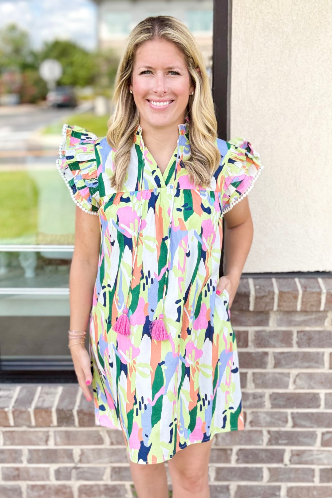 MULTI COLOR ABSTRACT RUFFLE SLEEVE DRESS