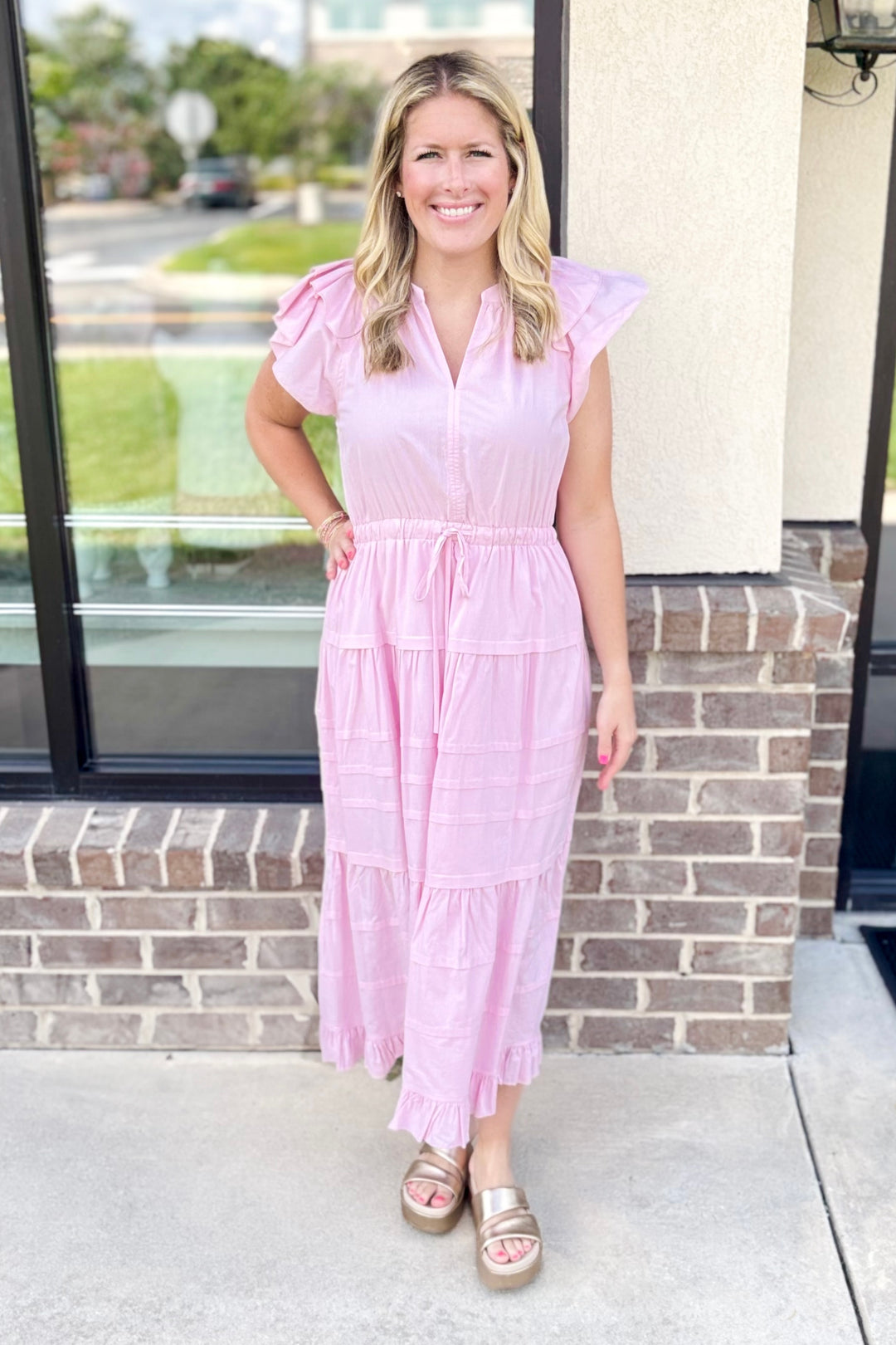 PINK DRAWSTRING WAIST TIERED MAXI DRESS