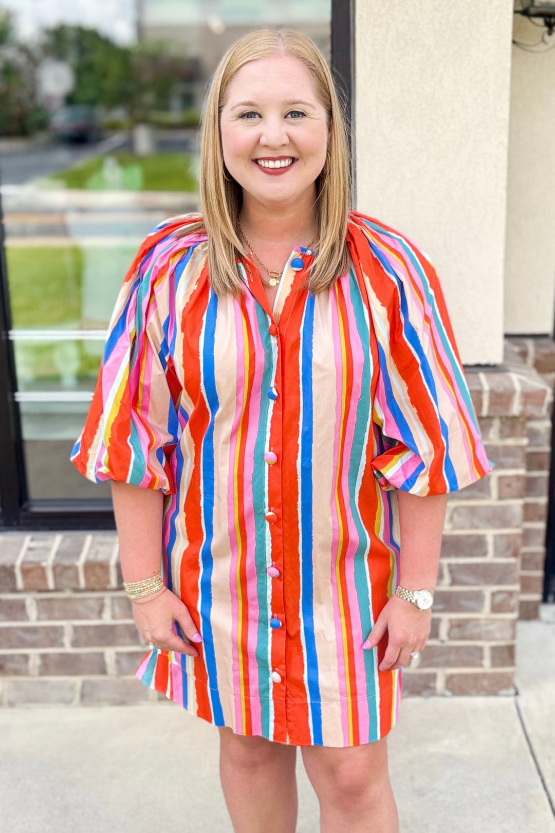 ORANGE MULTI STRIPE BUTTON DRESS