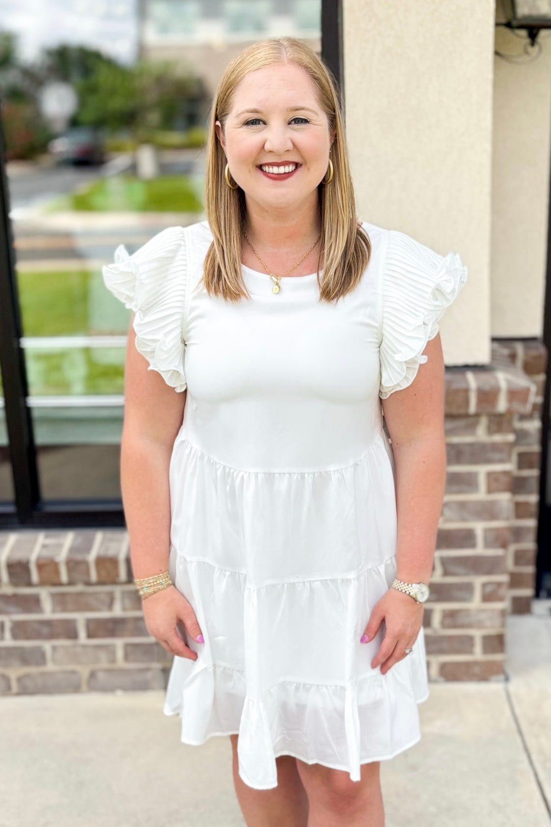 WHITE PLEATED RUFFLE SLEEVE TIERED DRESS