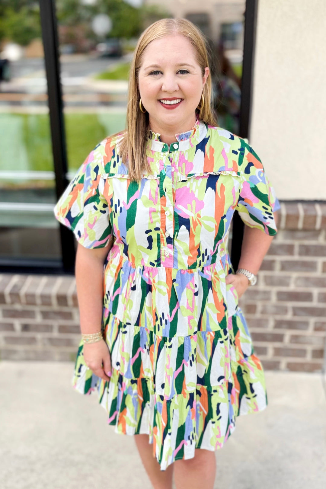 MULTI COLOR ABSTRACT SHORT SLEEVE TIERED BUTTON DRESS