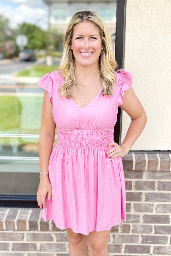 PINK SMOCKED WAIST RUFFLE VNECK DRESS