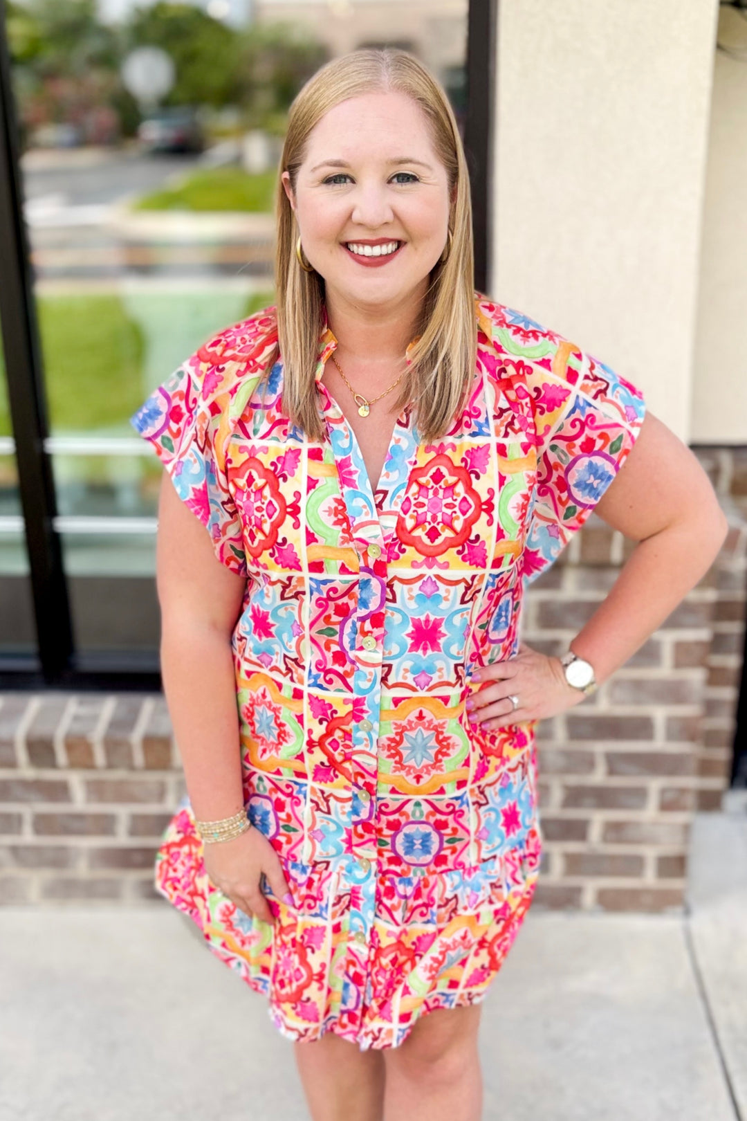 MULTI COLOR PRINT BUTTON ANGLED SLEEVE DRESS