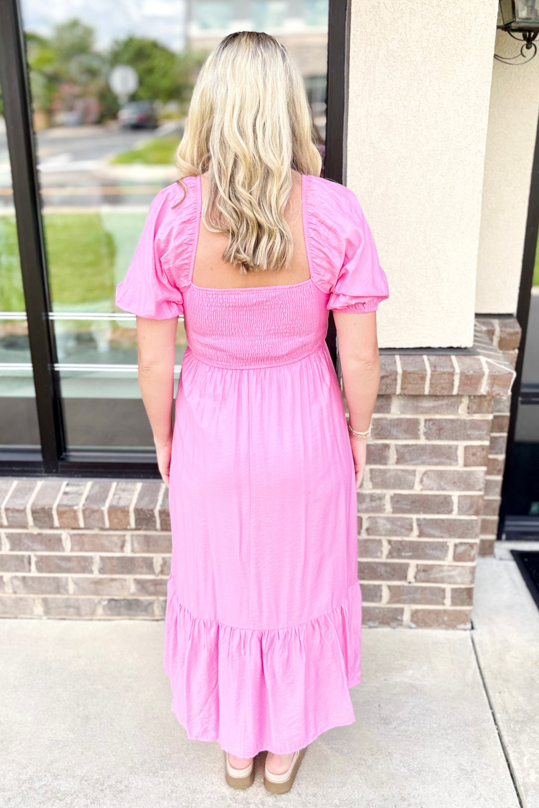 PINK TUCK PLEAT SQUARE NECK MIDI DRESS