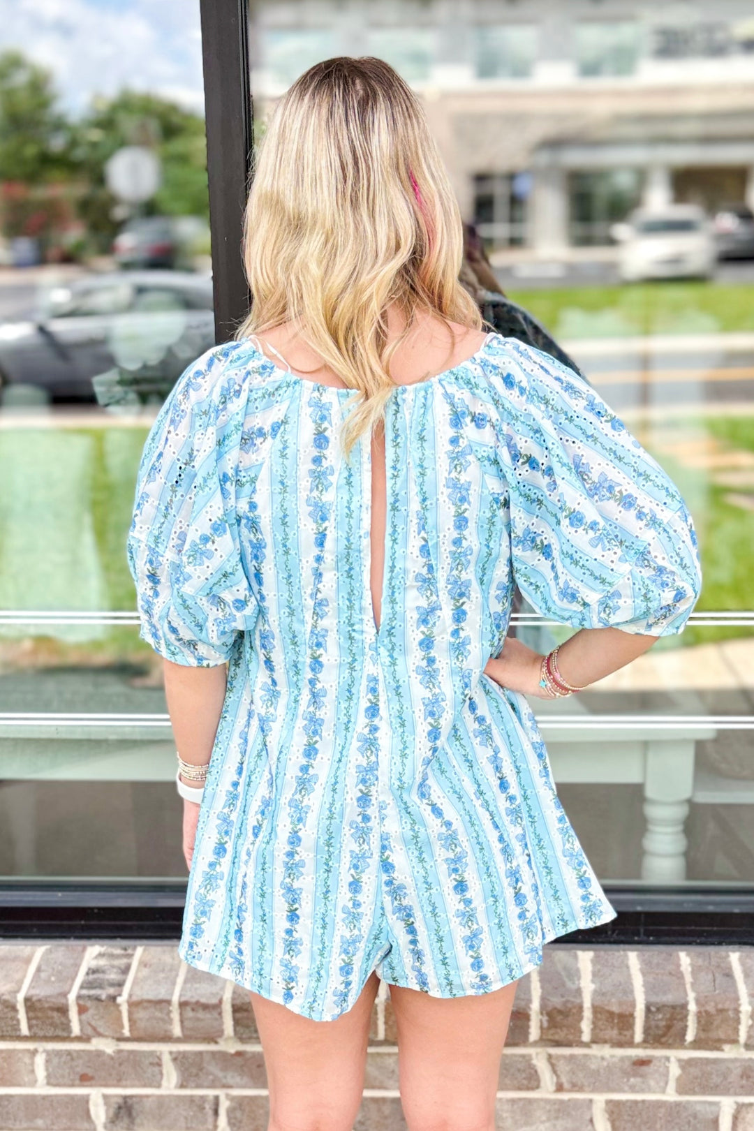BLUE FLORAL BOW STRIPE LOOSE ROMPER
