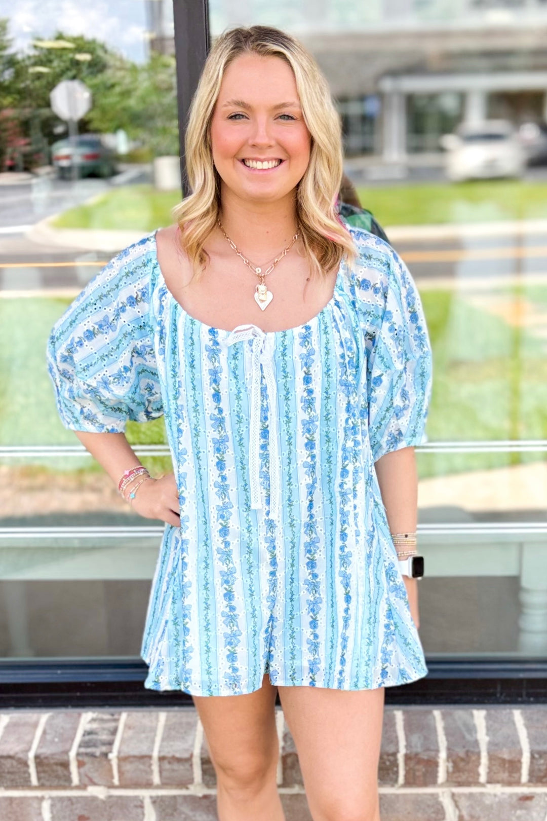 BLUE FLORAL BOW STRIPE LOOSE ROMPER