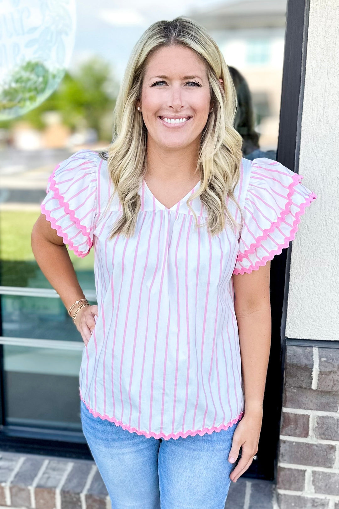 PINK STRIPE RIC RAC TRIM RUFFLE SHOULDER TOP