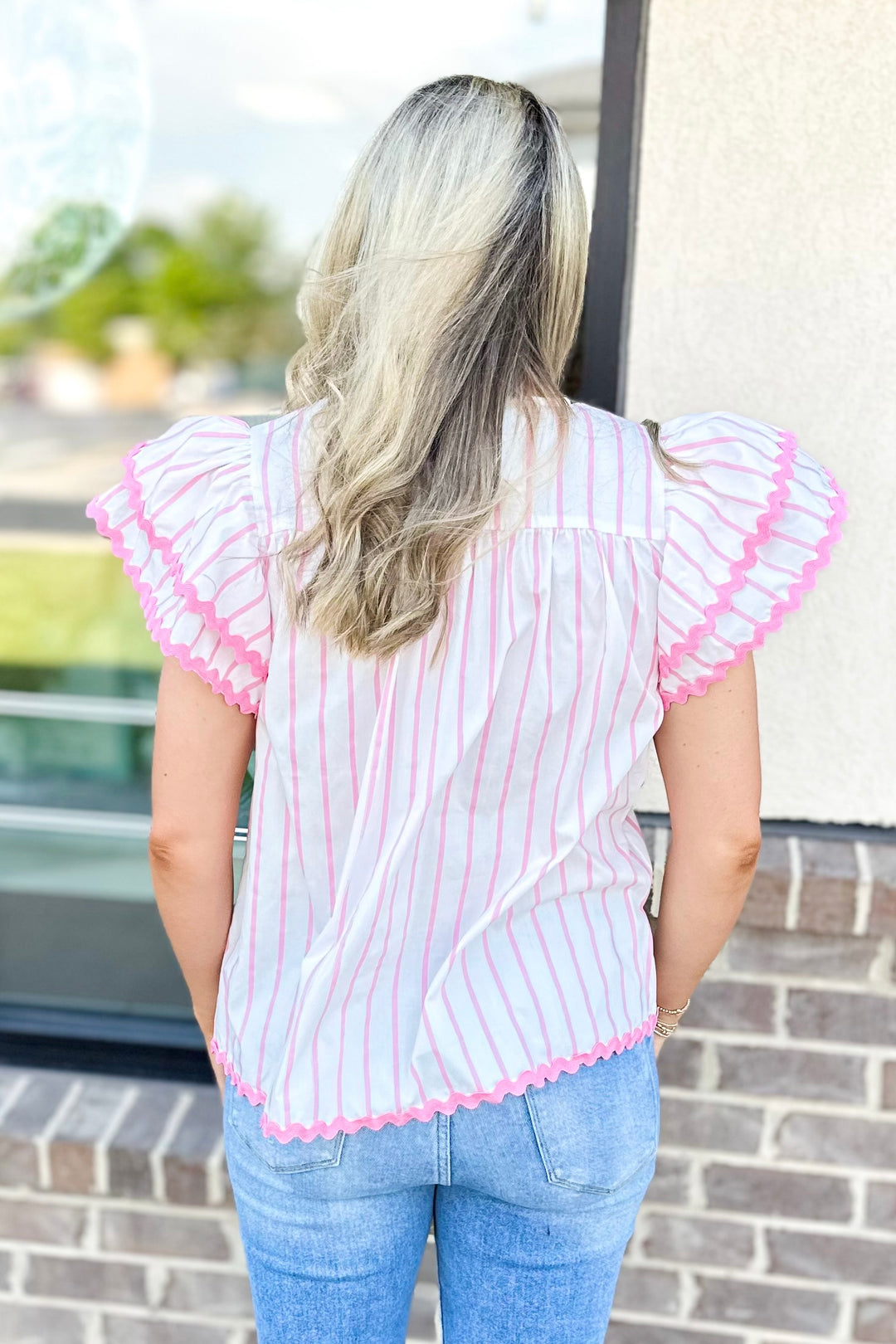 PINK STRIPE RIC RAC TRIM RUFFLE SHOULDER TOP