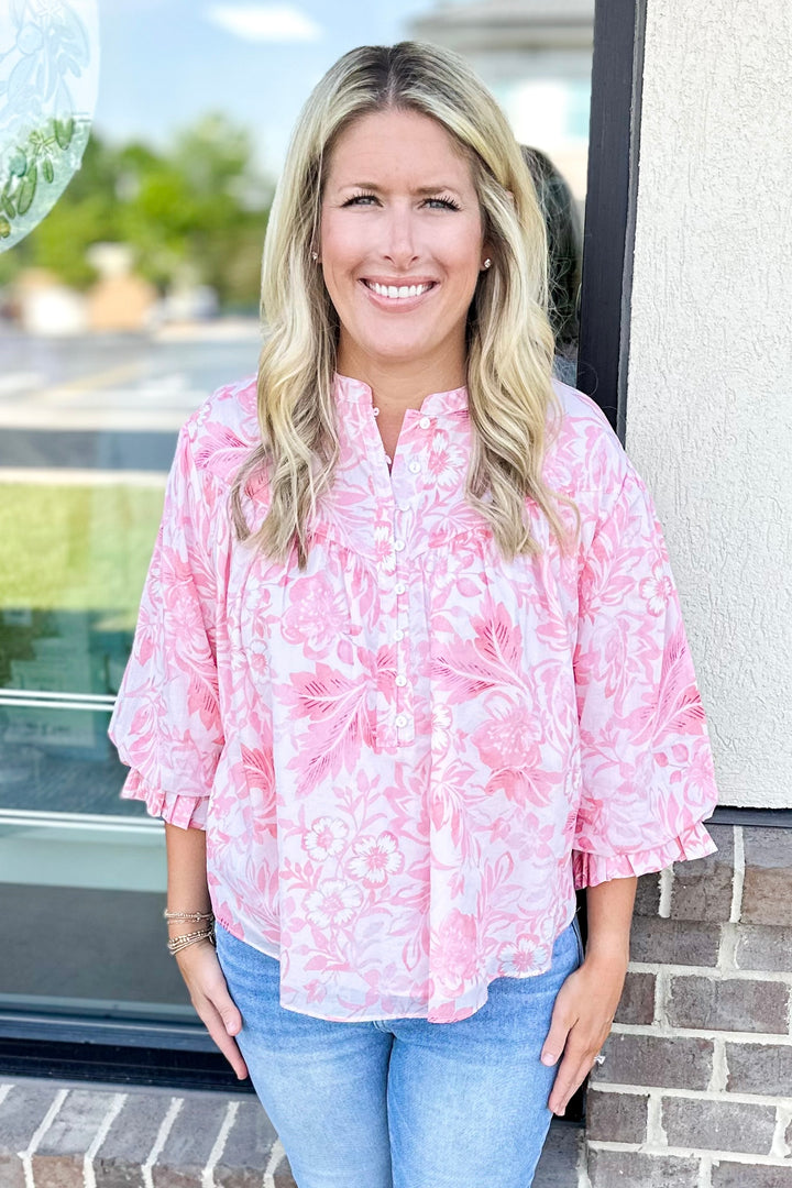PINK MULTI FLORAL SHIRRED YOKE TOP