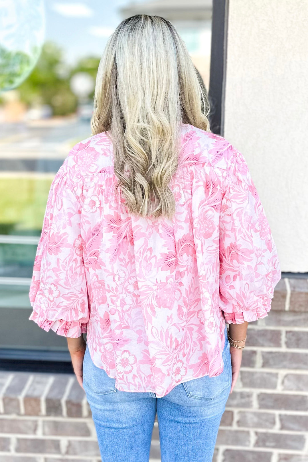 PINK MULTI FLORAL SHIRRED YOKE TOP