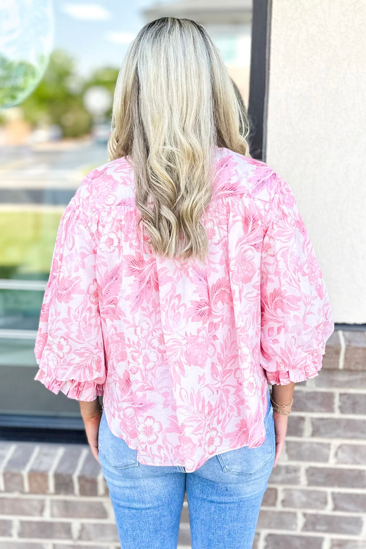 PINK MULTI FLORAL SHIRRED YOKE TOP