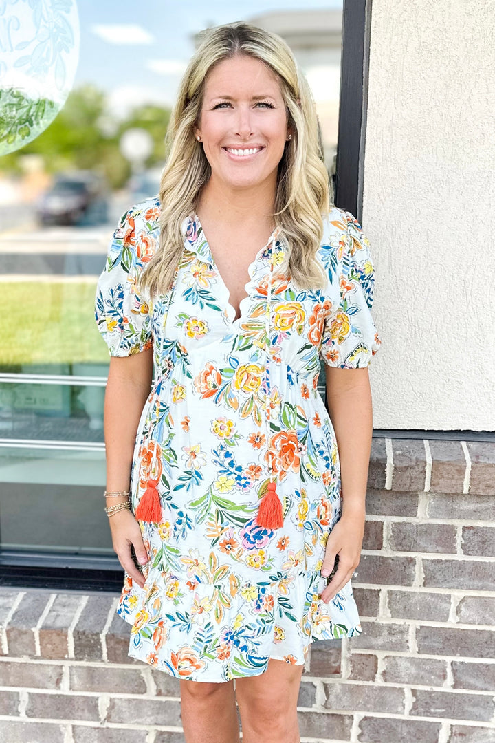 WHITE & ORANGE FLORAL RIC RAC TRIM DRESS