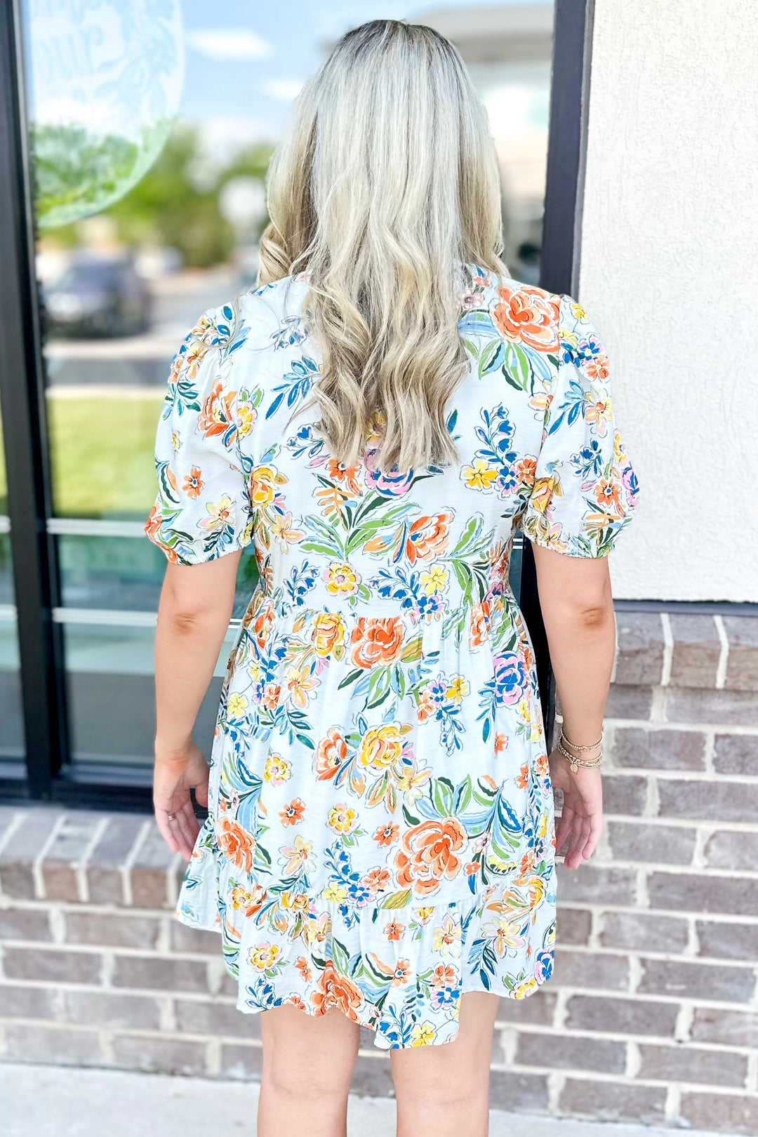 WHITE & ORANGE FLORAL RIC RAC TRIM DRESS