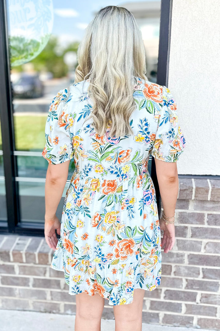 WHITE & ORANGE FLORAL RIC RAC TRIM DRESS