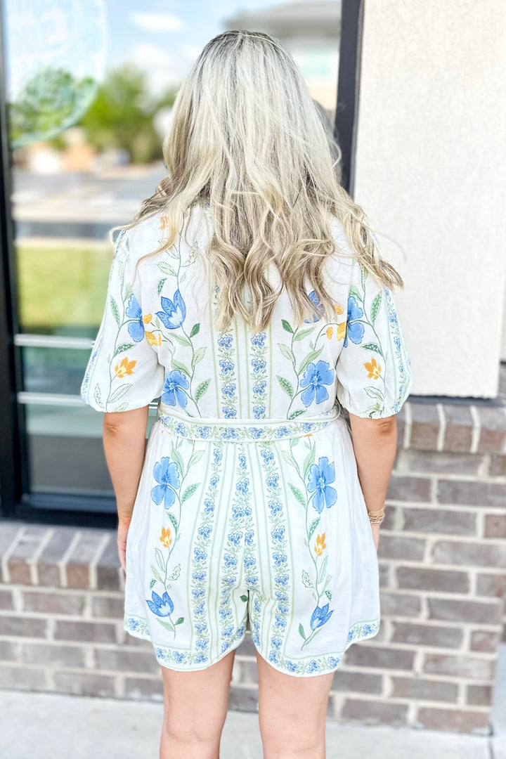 WHITE & BLUE FLORAL TIE WAIST ROMPER