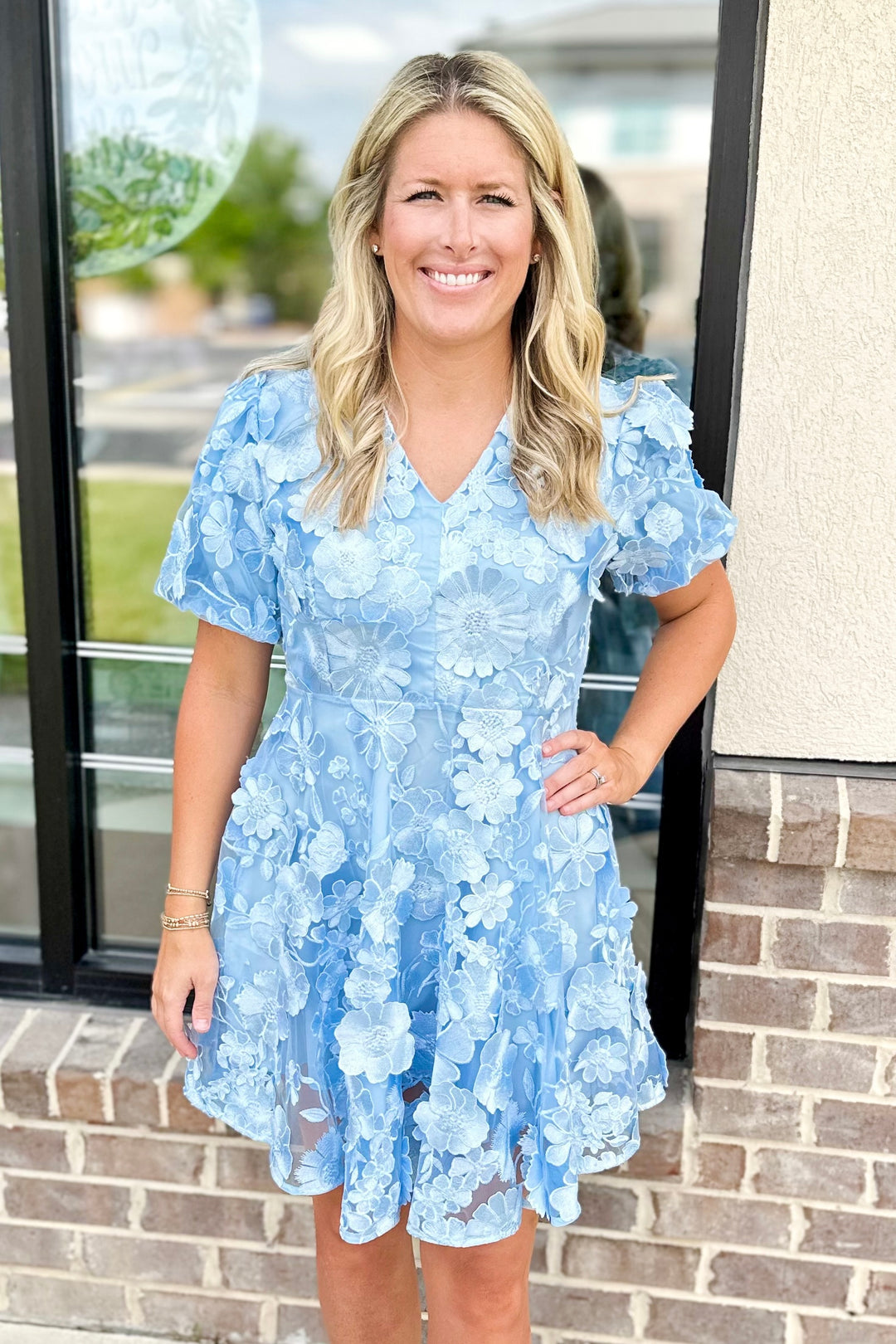 LIGHT BLUE FLORAL LACE FIT & FLARE DRESS