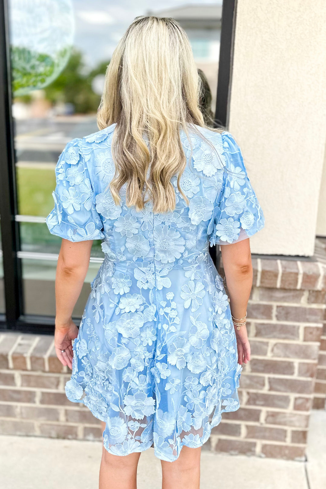 LIGHT BLUE FLORAL LACE FIT & FLARE DRESS