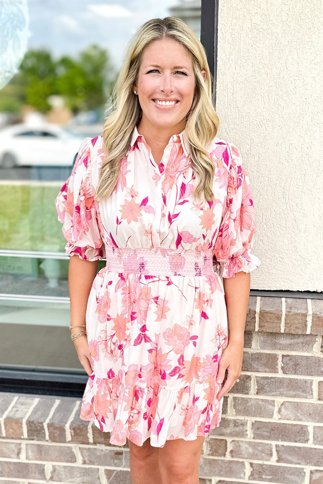 PINK & ORANGE FLORAL SMOCKED WAIST COLLAR DRESS