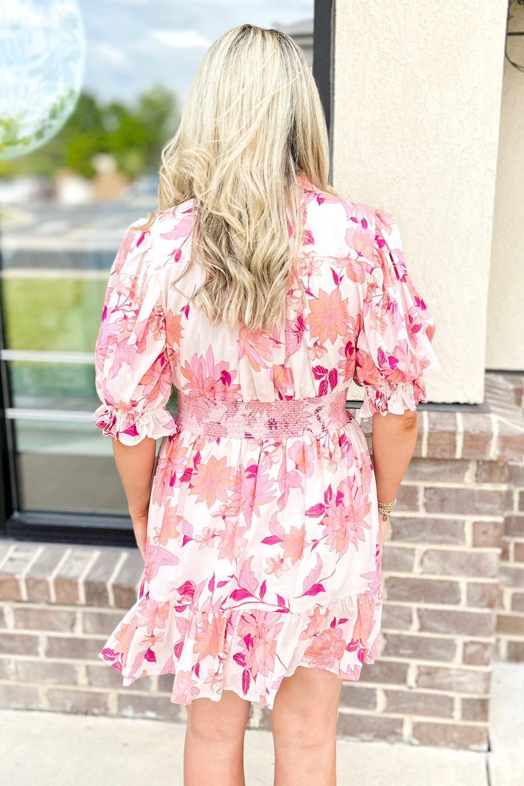 PINK & ORANGE FLORAL SMOCKED WAIST COLLAR DRESS