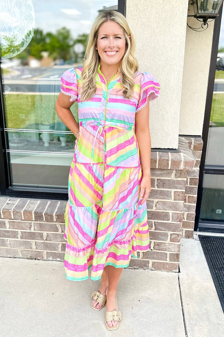 COLORFUL STRIPE SCALLOP TRIM MIDI DRESS