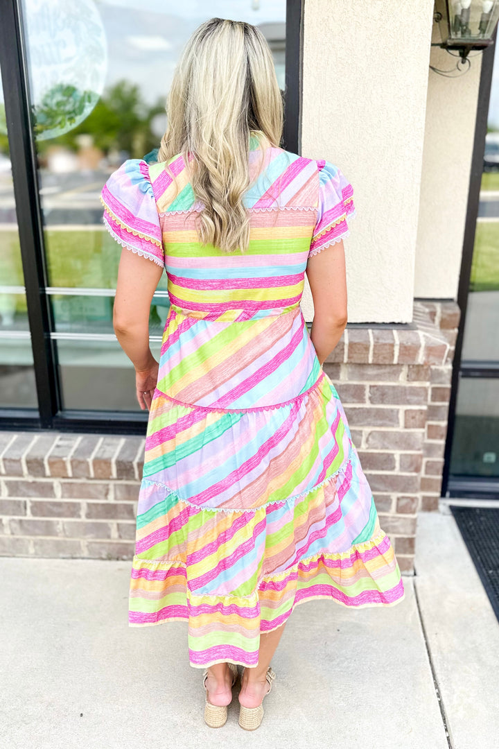 COLORFUL STRIPE SCALLOP TRIM MIDI DRESS