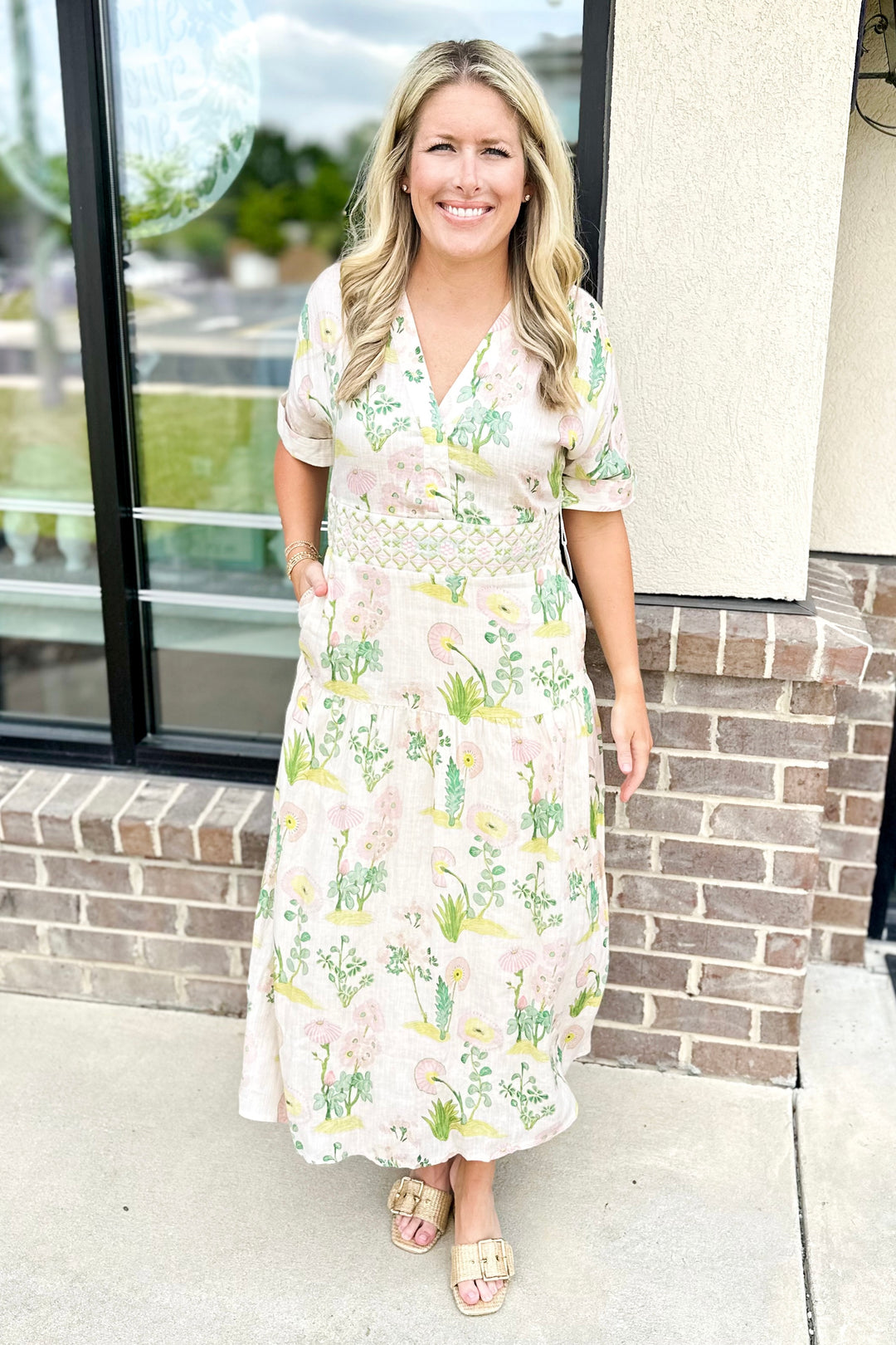 SPARTINA: NATALEE MIDI DRESS | ENCLAVE STRIPE FLORAL SPRIGS