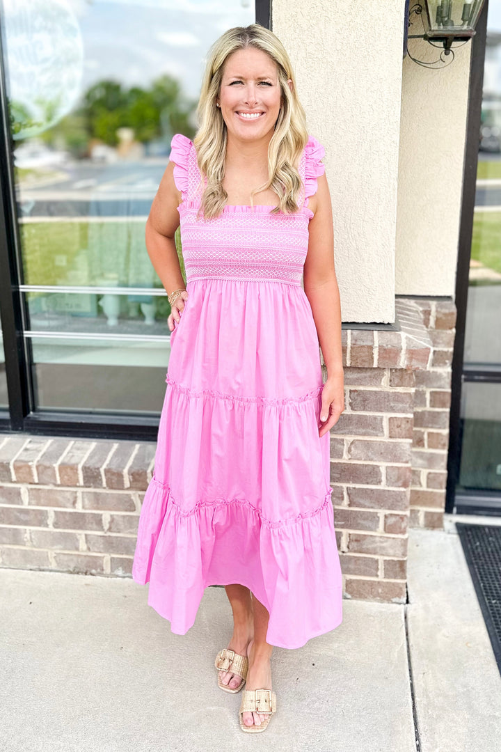 PINK SMOCKED RUFFLE STRAP MIDI DRESS