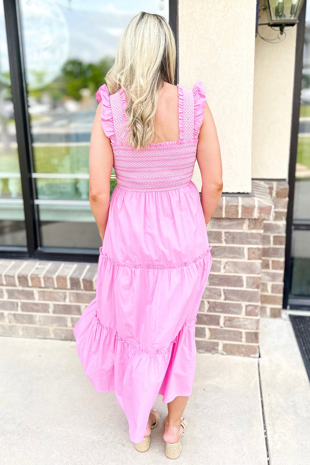 PINK SMOCKED RUFFLE STRAP MIDI DRESS