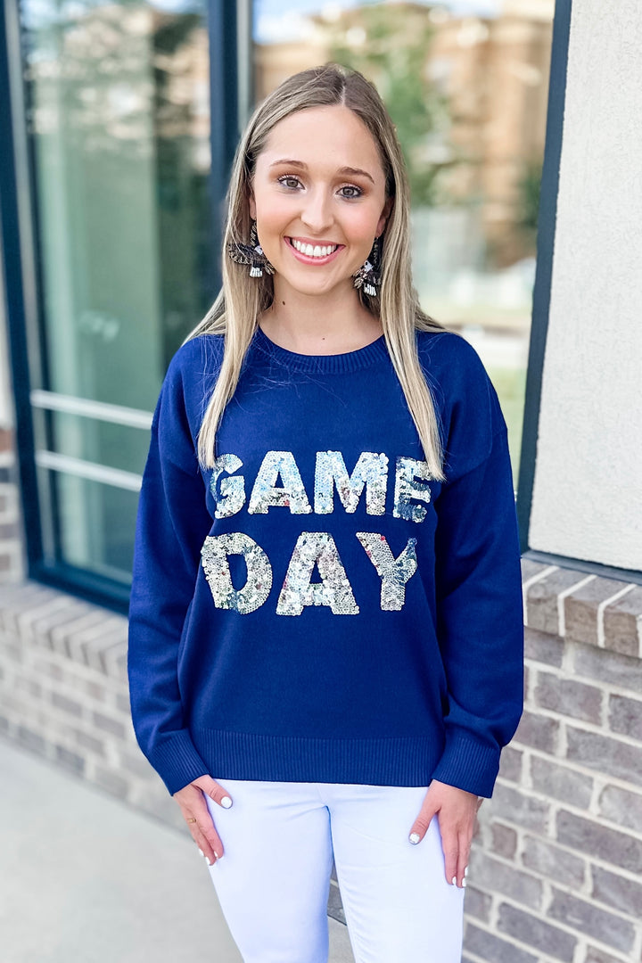 NAVY & SILVER SEQUIN GAME DAY SWEATER