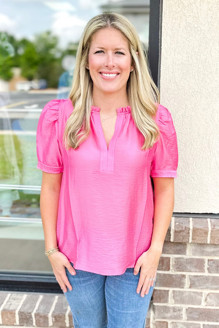 PINK FRILL NECK SHORT SLEEVE TOP