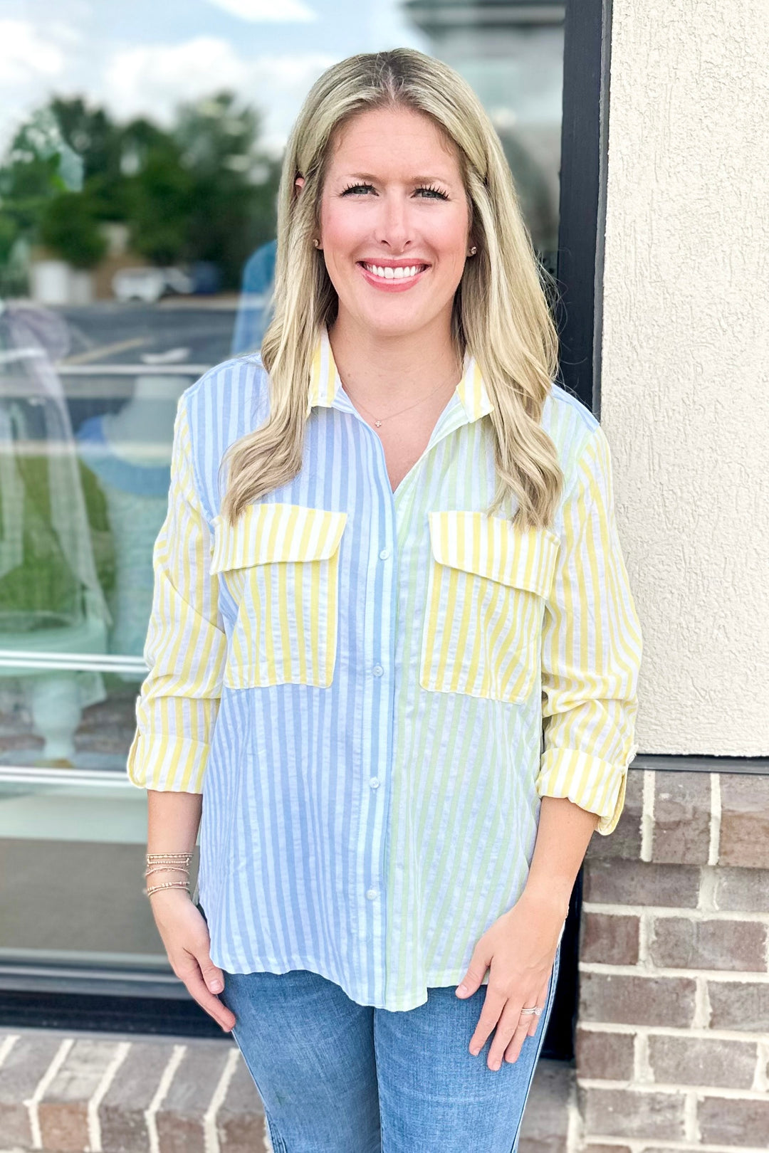 BLUE, GREEN, YELLOW STRIPE BUTTON DOWN SHIRT
