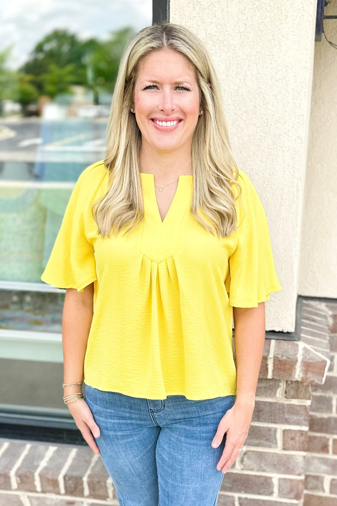 YELLOW VNECK PLACKET TOP