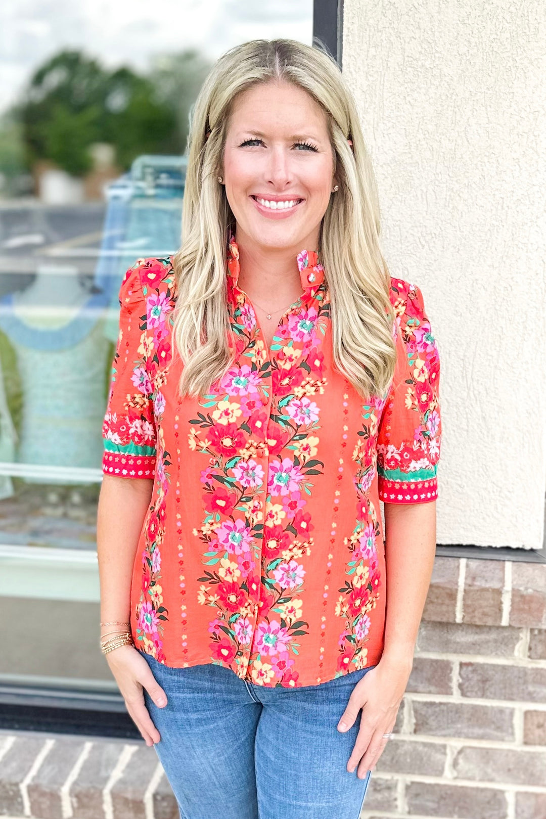ORANGE FLORAL BUTTON FRONT TOP