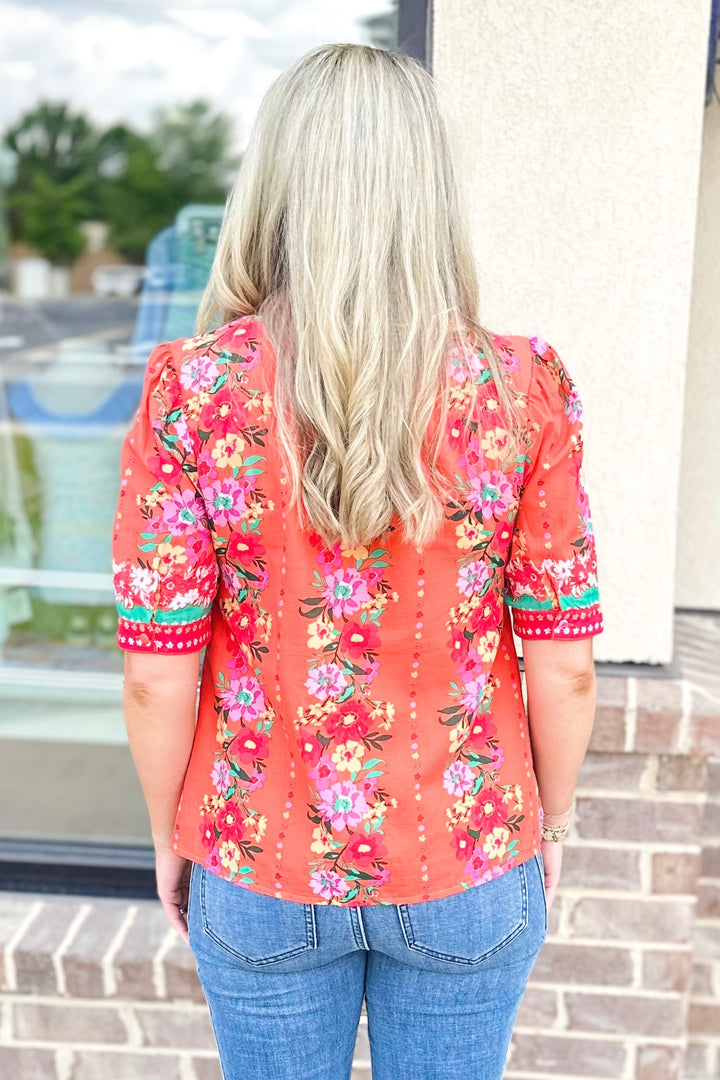 ORANGE FLORAL BUTTON FRONT TOP